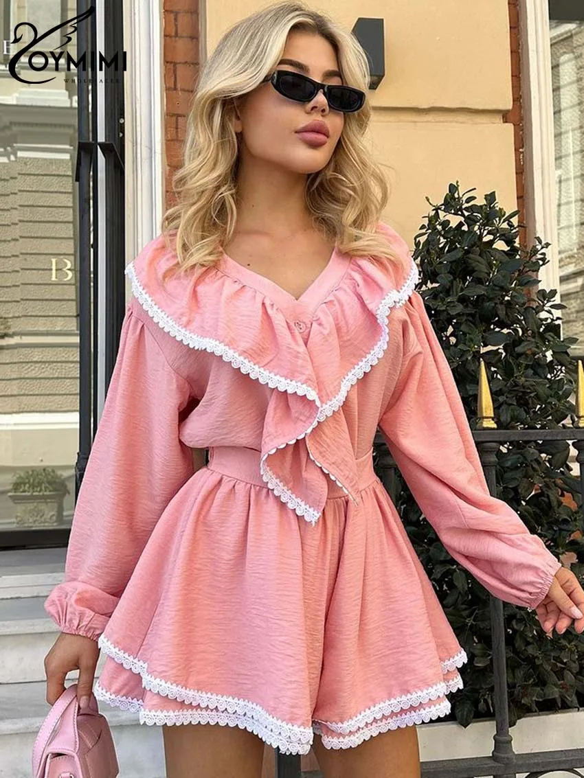 

Oymimi Casual Pink Lace Womens 2 Piece Outfit Set Fashion V-Neck Ruffled Long Sleeve Shirts And High Waisted Shorts Female Sets