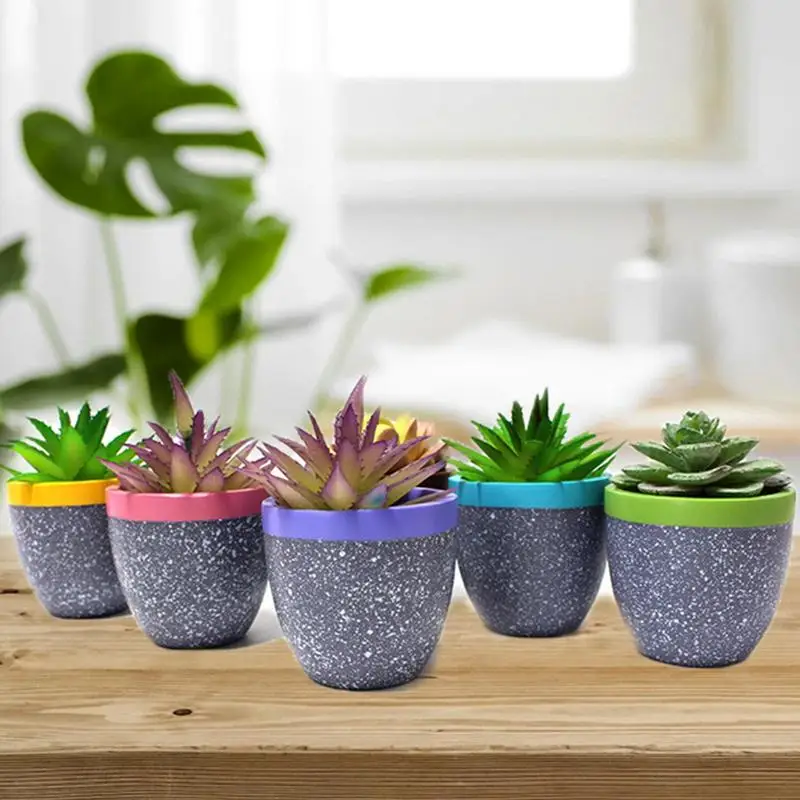 6 Pcs Mini Resin Round Flower Pot Nursery Home Office Decor Green Artificial Refinement Garden Tools