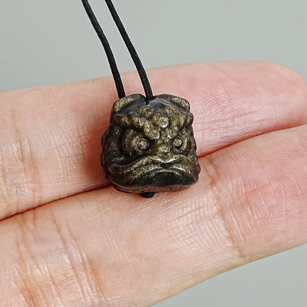 5Pcs Gold Sheen Obsidian Lion Dance Head Pendant 14MM Golden Black Auspicious Guardian Charms for Fortune DIY Jewelry Making