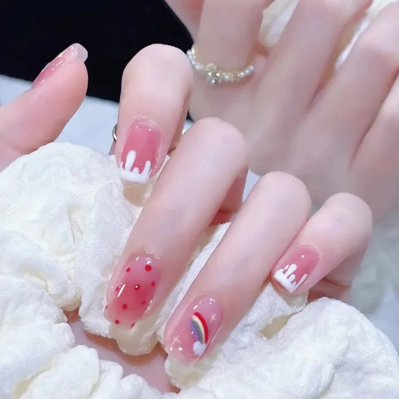 

24pcs Pink Rainbow Short Coffin Fake Nails Art With Glue Finished Reusable False Nails Set Press On Nail With Nail Accessories