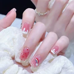 24pcs Pink Rainbow Short Coffin Fake Nails Art With Glue Finished Reusable False Nails Set Press On Nail With Nail Accessories