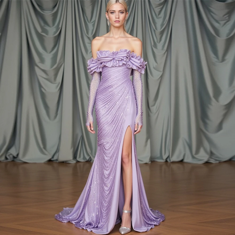 

Exquisite Purple Soft Satin Evening Dress Temperament Mermaid Court Train Prom Dresses Luxury Beading Customized Celebrity Gown
