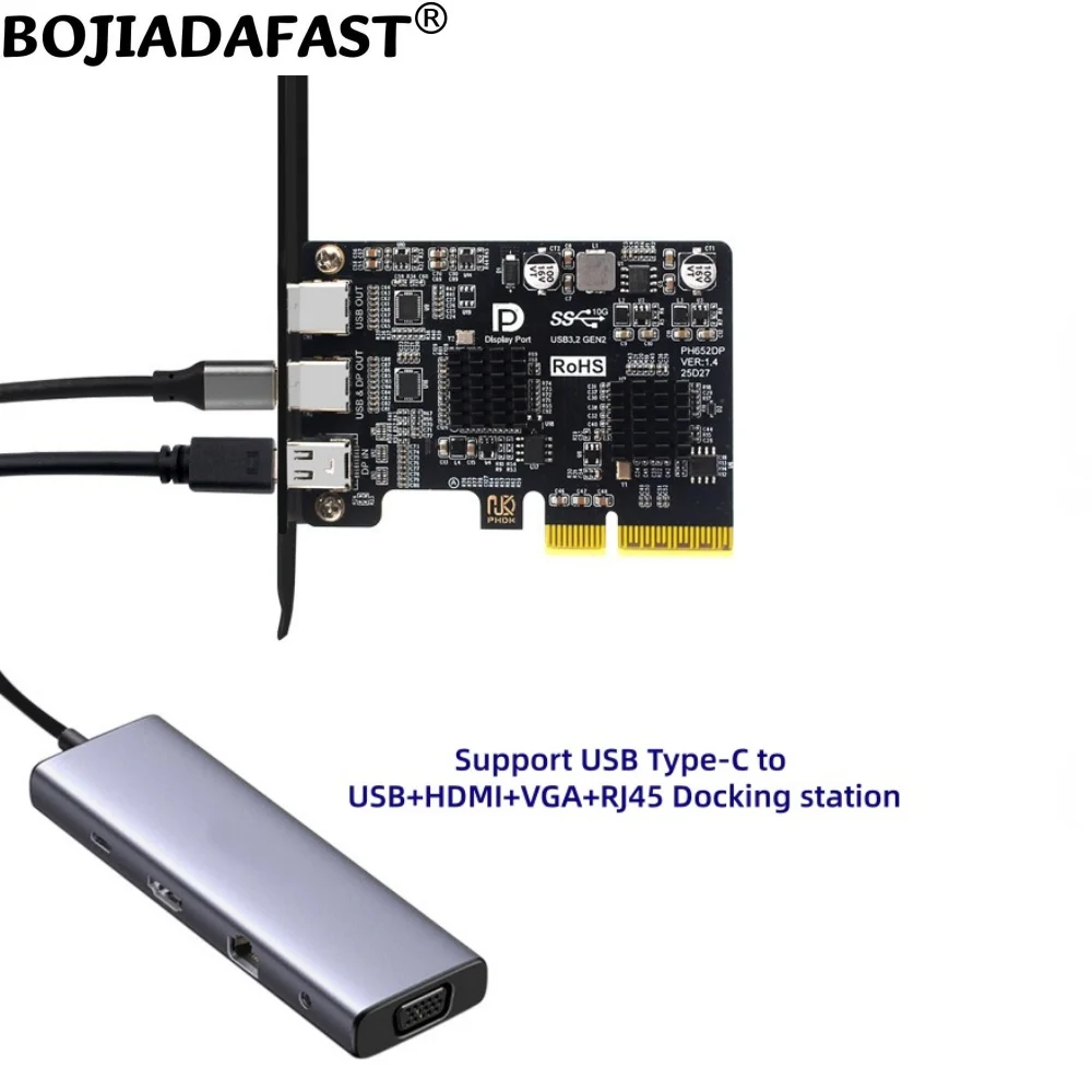 tarjeta-de-expansion-pci-e-4x-a-2-10gbps-usb-32-tipo-c-5v-2a--entrada-de-video-mini-dp14-a-salida-4k-60hz