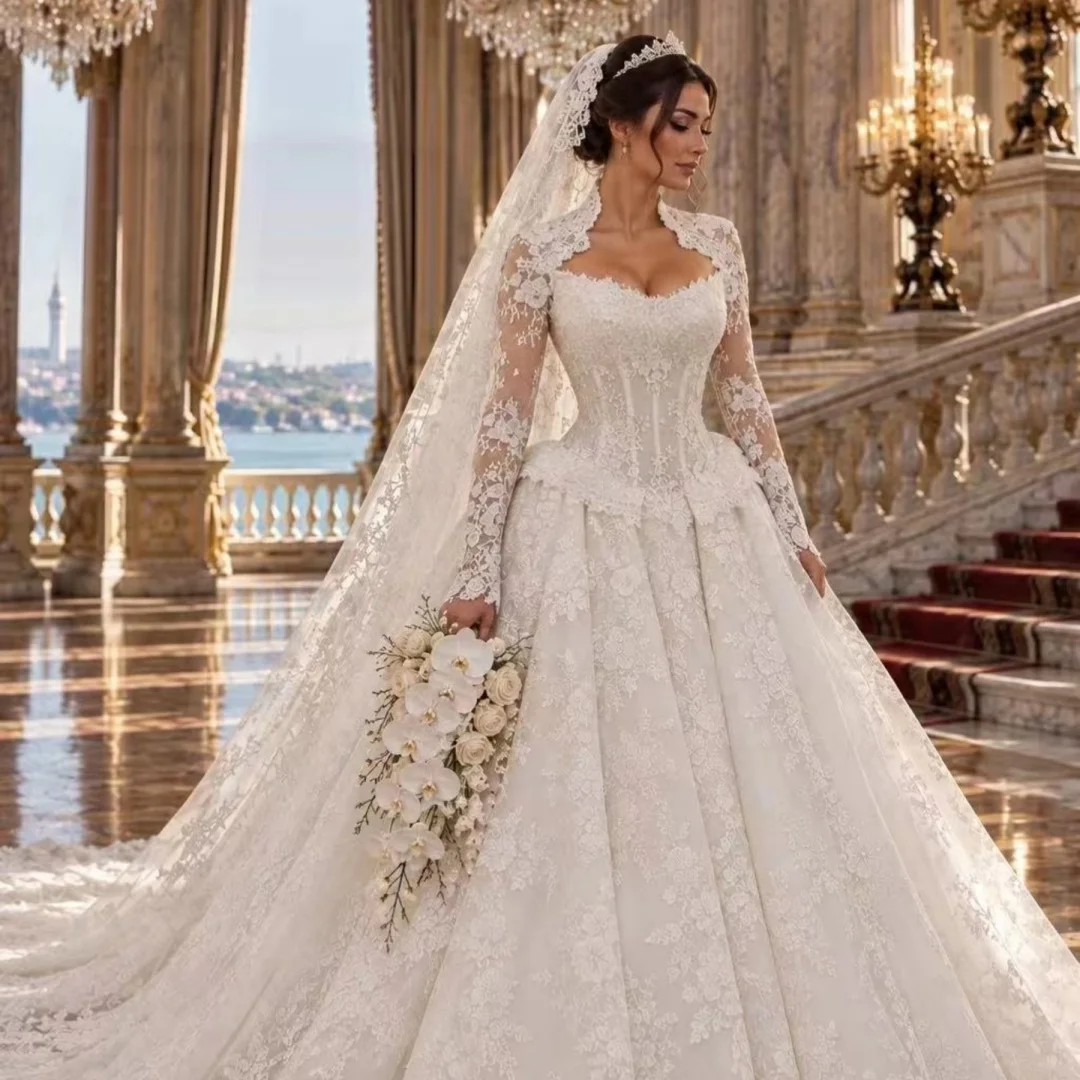 Luxury Sweetheart Lace Wedding Dress Off Shoulder Long Sleeve Prom Dresses A-line Elegant Bride Dress Customization