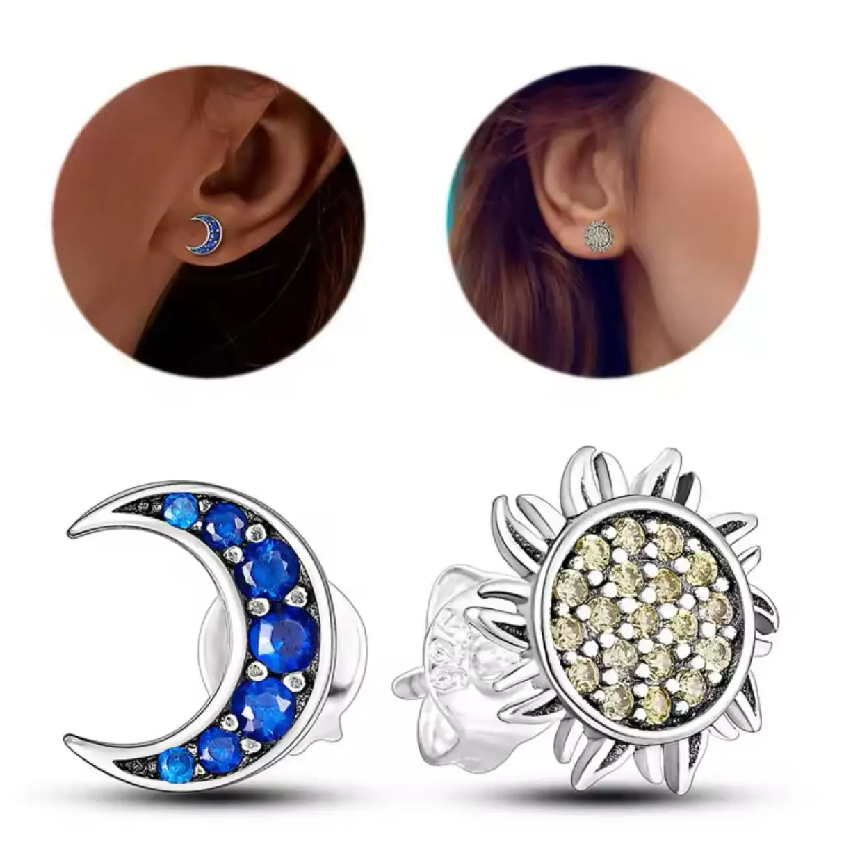 New Fashion 925 Silver Football Sun Moon Green Blue Double Circle Women's Earrings Original DIY Wedding Engagement Jewelry Gift