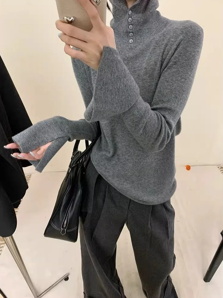 

High Collar Knitted Ne Sweater Women's Base irt Unique Design Autumn Winter Inner Wear Button up Long Sve Top