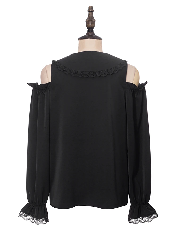 Dophee Landmine System Navy Collar Lace Off-the Shoulder Long Sleeve Women Blouese Cross Zip Cardigans Top Ruffles Black Shirts