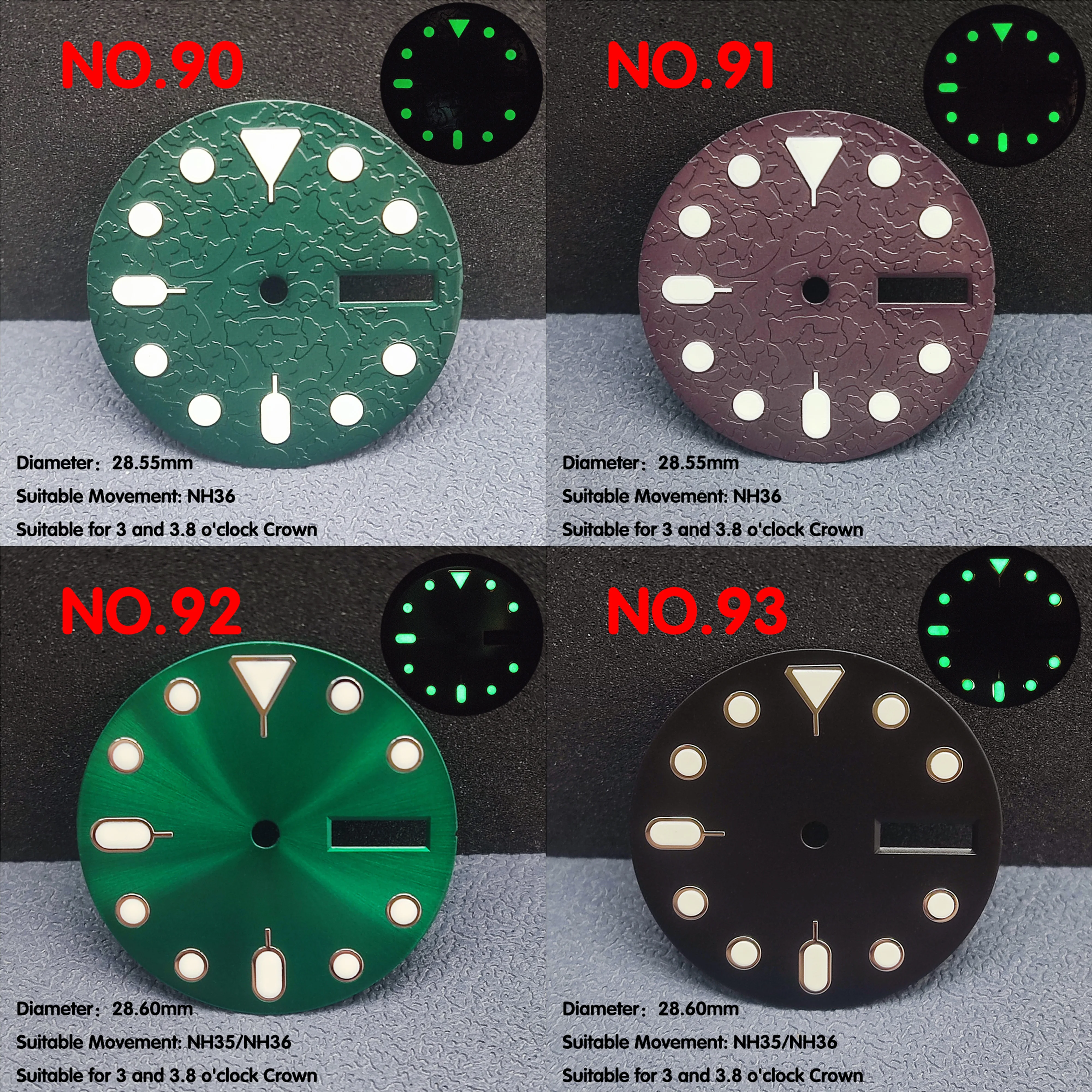 Único calendário Watch Dial adequado para NH35 NH36, relógio luminoso, ondinha de água, espelho, fosco, 28,6 milímetros