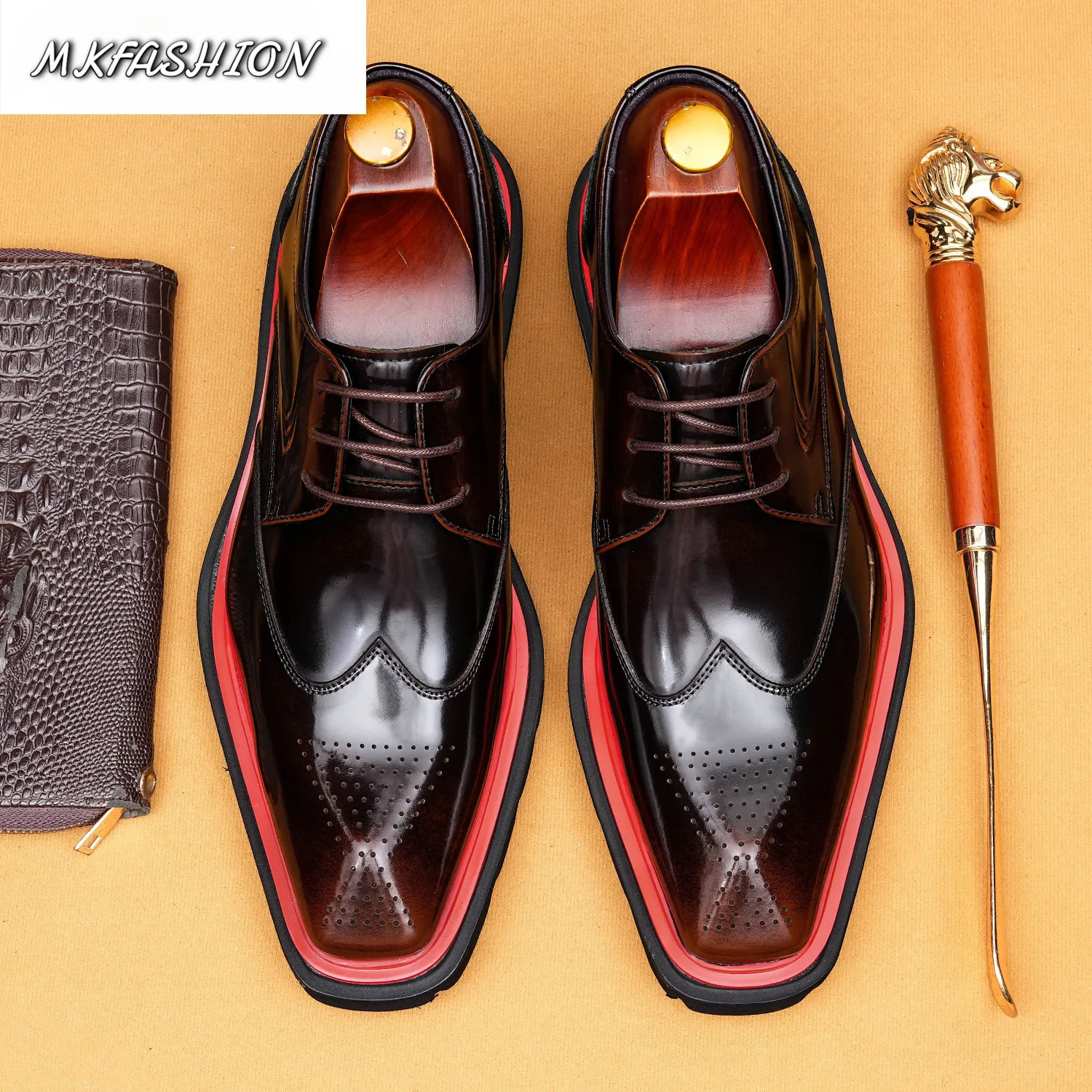 Men's Business Formal Blok Carved Shoes Square Toe Lace Up Flats Wedding Shoes Male Footwear