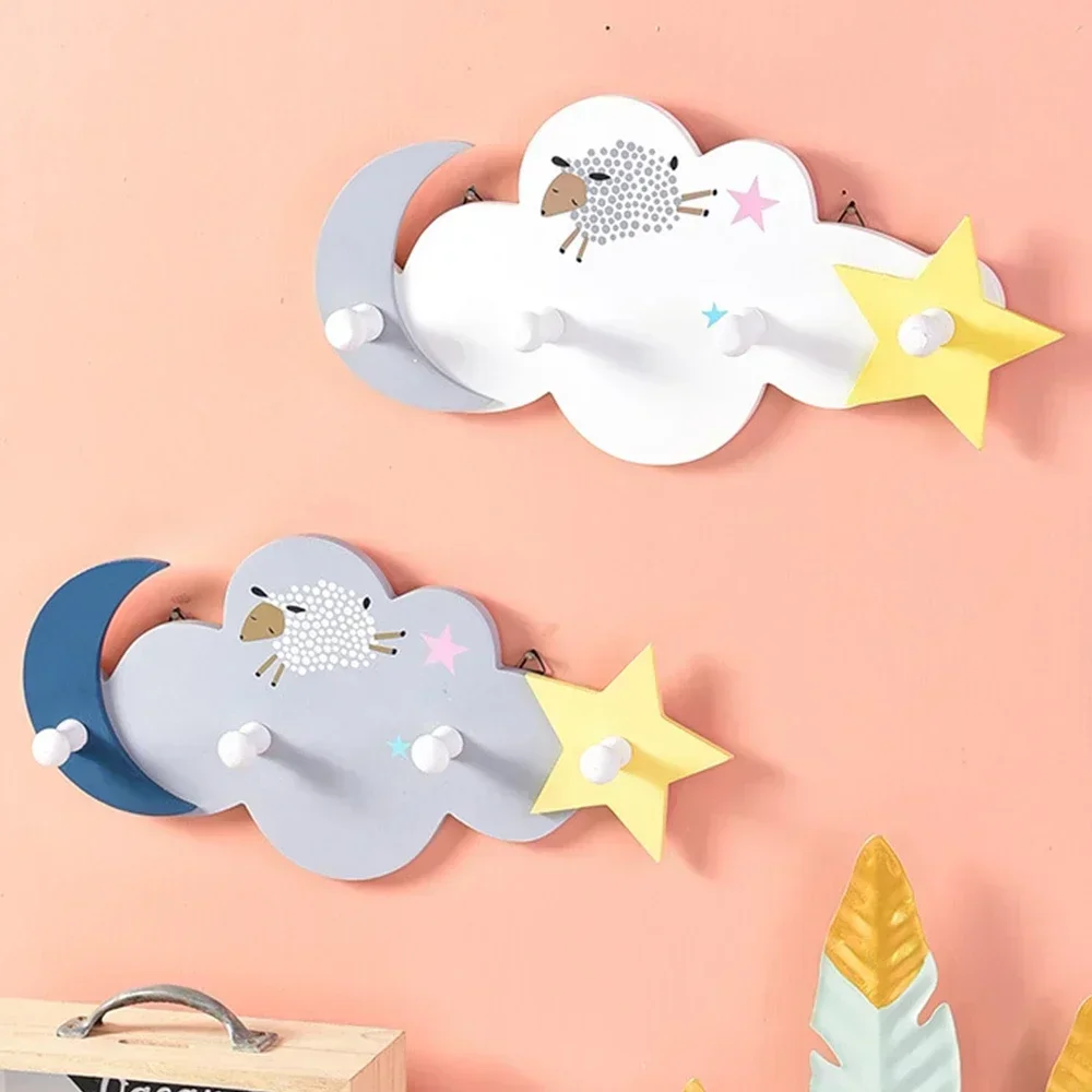 Hooks Self Adhesive 4 Hooks Wood Clothes Moon Star Hanger Wall Mounted Key Holder Coat Hook Kid Room Wall Decorative Accessor L1