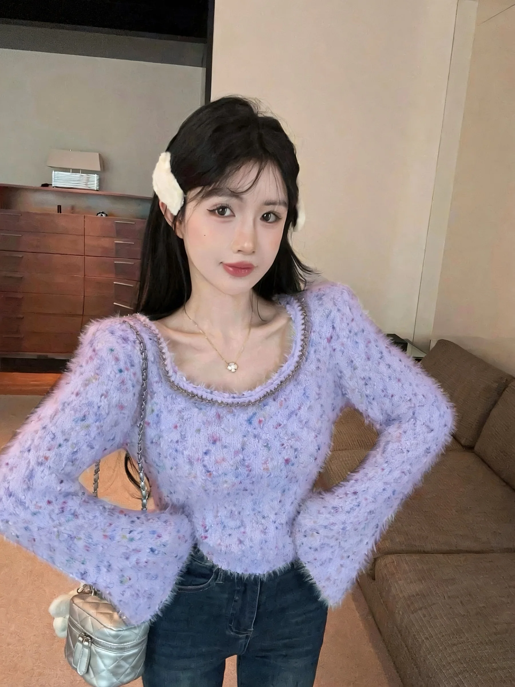 가을 우아한 패션 달콤한 밍크 니트 탑 한국 여성 빈티지 플레어 긴 소매 슬림 섹시 풀오버 스웨터