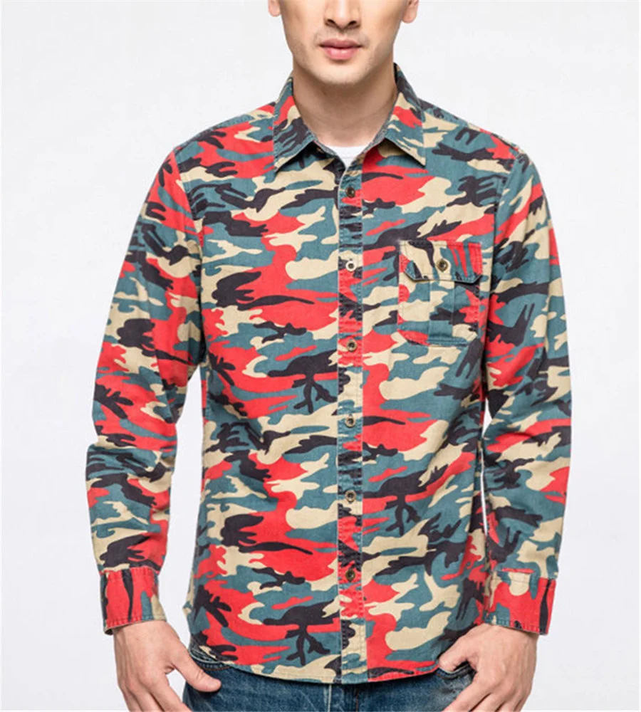 Camouflage Men Cotton Shirts Long Sleeve Printed Cowboy Shirt Jacket Man Casual Outdoor Climbing Tops Streetwear Cargo Clothing