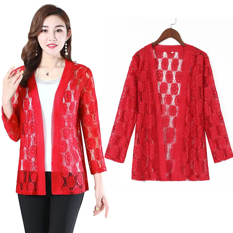 5XL Spring Summer Women Cardigan Long Sleeve Female Cardigans  Lace Jacket Ladies Shawl Outerwear Clothing E128