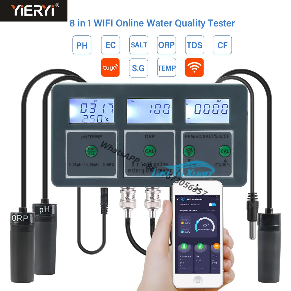 

Tuya Wifi Online Water Quality Detector 8 IN1 PH/ORP/EC/TDS/SALT/S.G/CF/temper Multi PH Meter with Data Logger Function