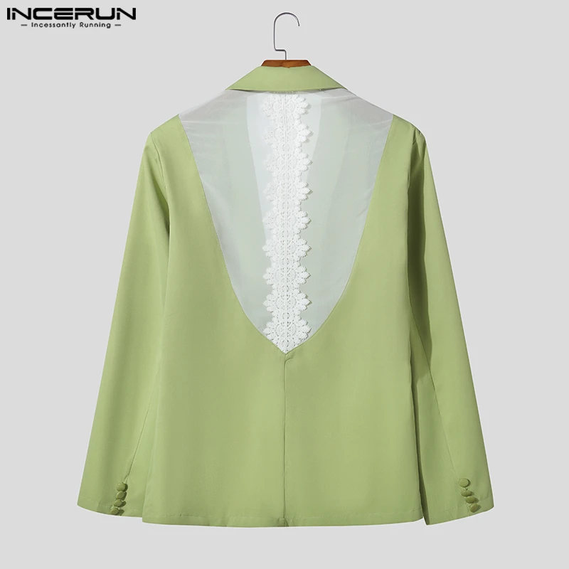 INCERUN Blazer Pria Kerah Tambal Sulam Renda Jaring Lengan Panjang Punggung Tembus Pandang Setelan Pria Pakaian Jalanan Mantel Tipis Mode Musim Gugur 2025