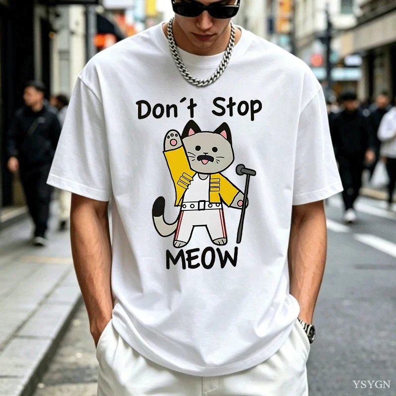 Don't Stop Meow T-Shirt Funny Cat Printed T Shirt Men Vintage Music Cartoon Casual Short Sleeve Women Fashion Top Clothing Tops