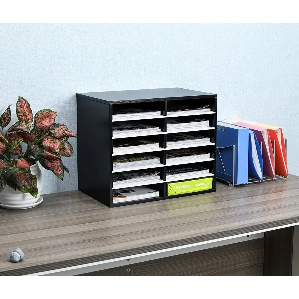 12-Compartment Wooden Paper Organizer with Adjustable Shelves, 6000 Sheets Capacity, Mail Sorter for Office/Classroom, Black/White - view 4