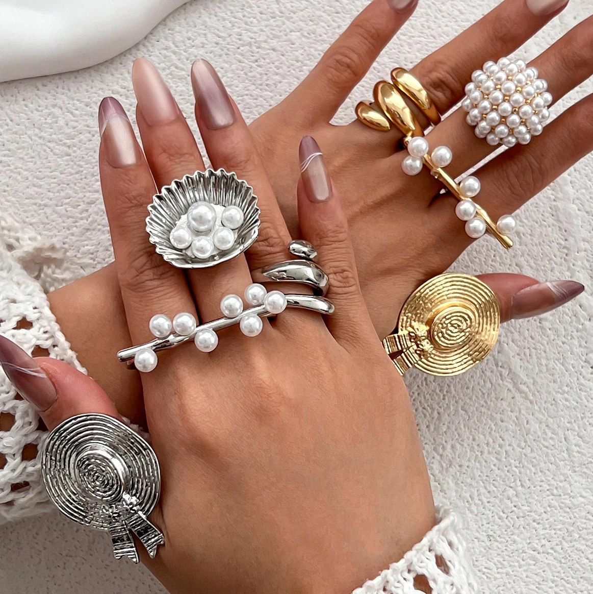 SHIXIN 5 Styles Creative Imitation Pearl Adjustable Rings for Women Punk Hip Hop Geometric Gold Color Open Ring Fashion Jewelry