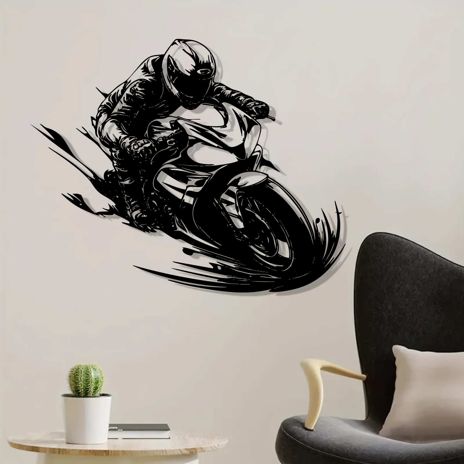 Dynamic Motorcycle Rider Metal Wall Art, Laser Cut Iron Biker Sculpture for Garage Workshop Fence Decor