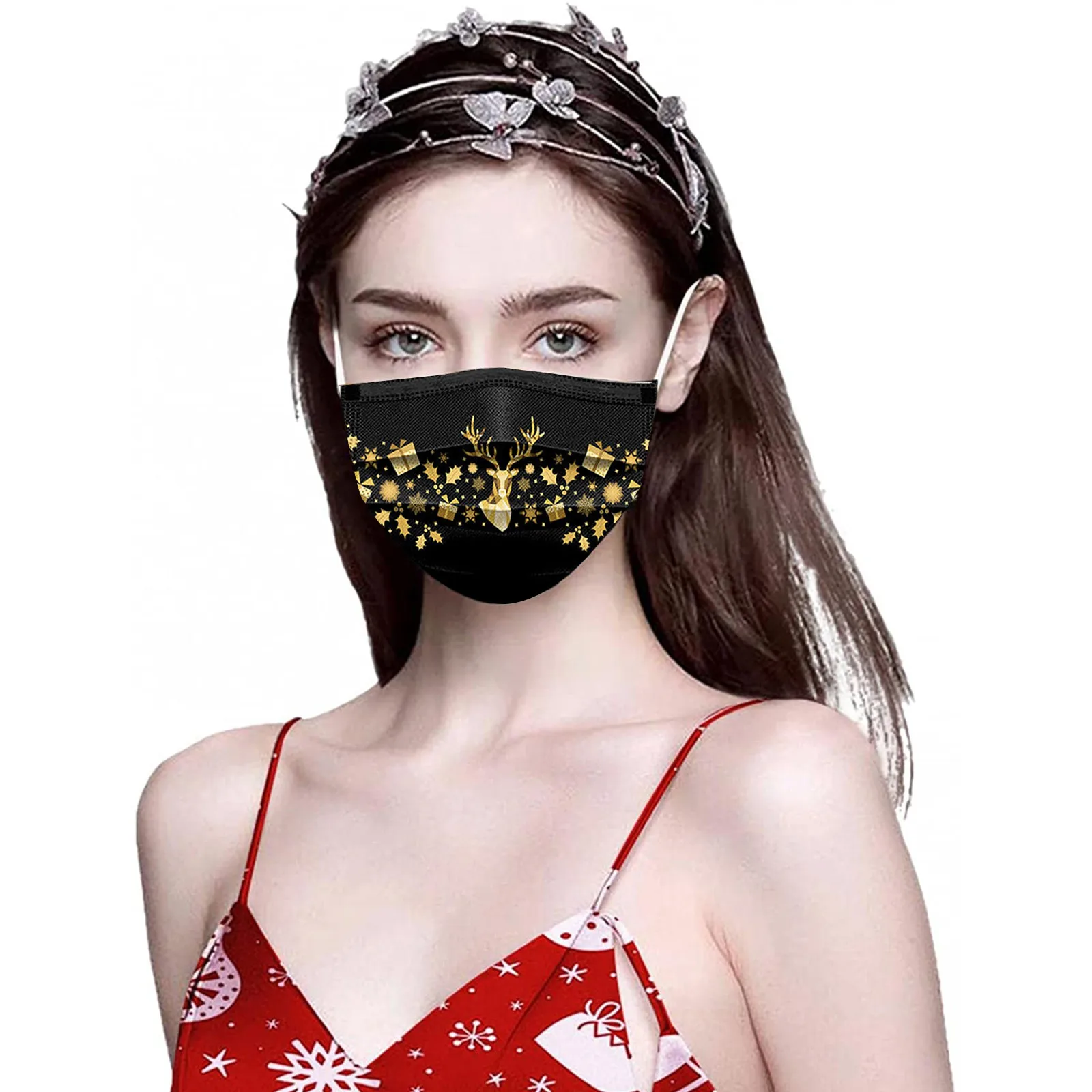 50 قطعة من قناع عيد الميلاد المطبوع على شكل ندفة الثلج للاستعمال مرة واحدة للبالغين، قناع عيد الميلاد الذهبي، قناع تزيين حفلات عيد الميلاد المجيد #1