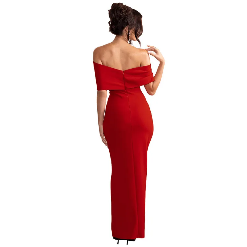 New European American Bow One Line Neck Off Shoulder Birthday Banquet Split Women's Dress Fashionable Elegant Temperament