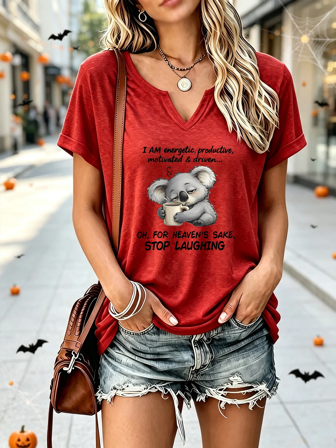 Lazy Drinking Coffee Koala Funny English Slogan Embroidery Open V-Neck Long-Sleeved Short-Sleeved T-Shirt Women's Clothing