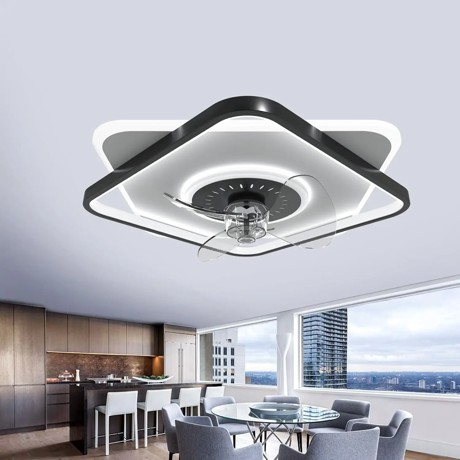 

Low Profile Ceiling Fans with Lights and Remote, Fandelier Ceiling Fan Flush Mount, 3000K-6000K Smart Bladeless LED Fan Light, M