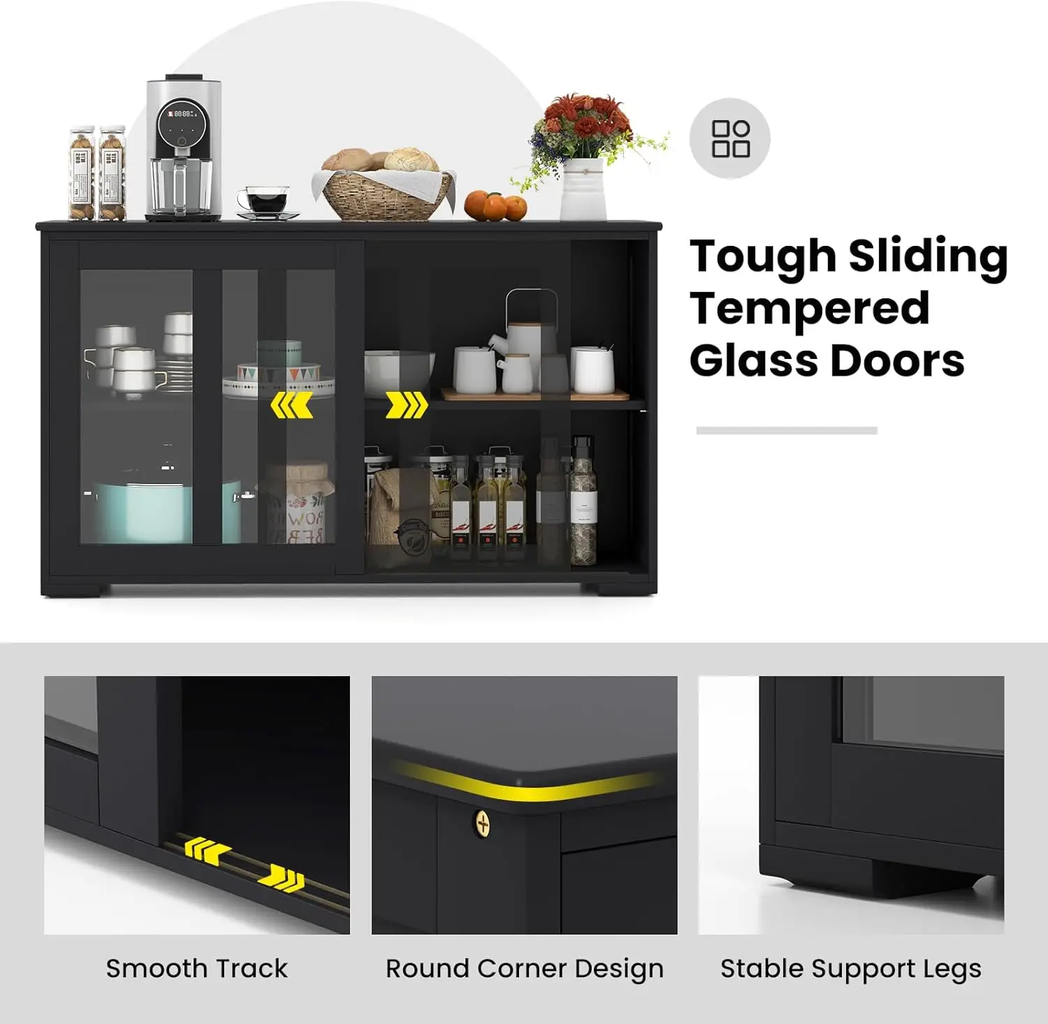 Buffetdressoir met opbergruimte, glazen schuifkast met 2 deuren, verstelbare plank, stapelbare keuken- en entreekast (zwart)