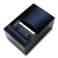 Hot Sale 8 cm Wide Tie Sets Blue Solid Men's Neck Tie Handkerchief Cufflinks Clip Box Wedding Gift Silk Handmade