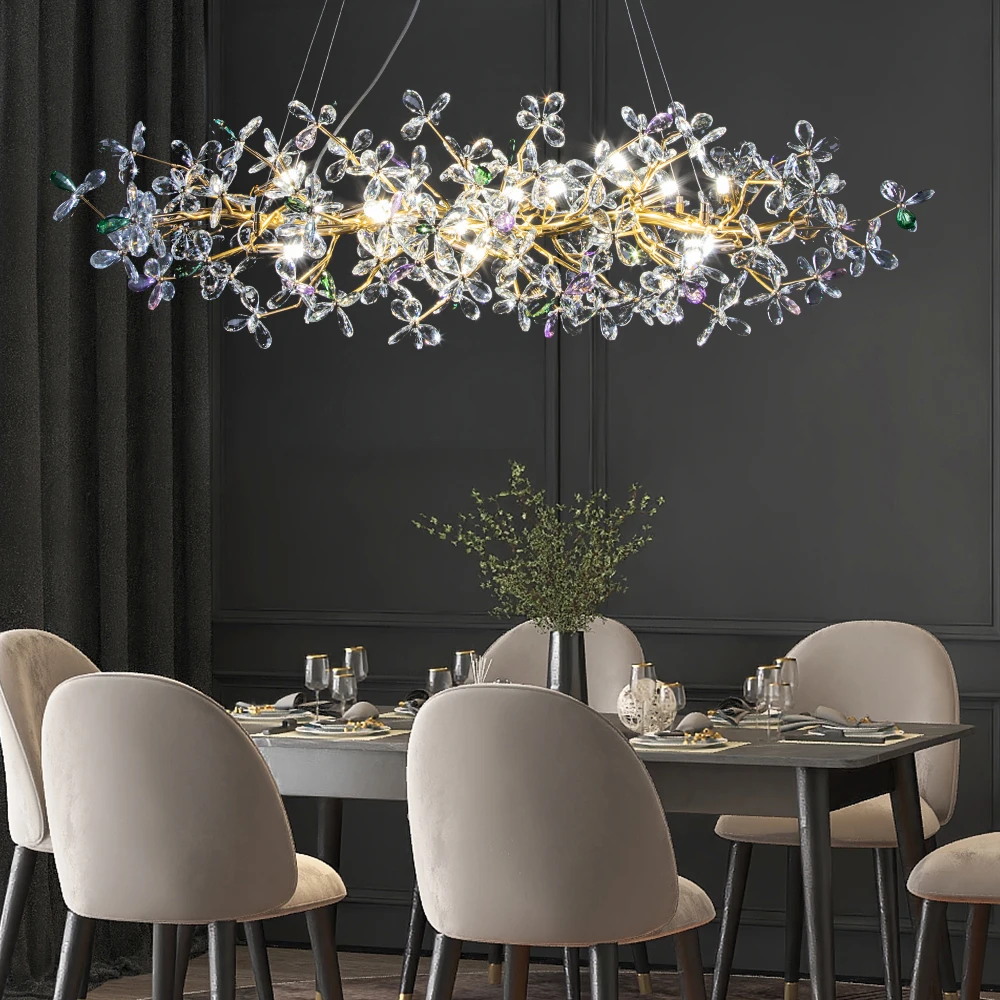 Color Crystal Flowers Chandelier Gold Long Round Hanging Light Luxury Villa Living Dining Room Lamp Tree Branch Chandeliers LED