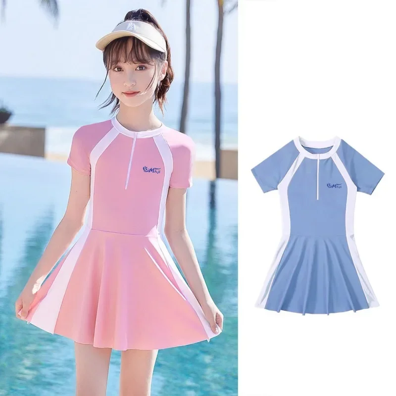 5-16Y Girls Swimsuit Dress Short Two-Piece Suits Short Sleeved Beach Wear Quick-drying Children's Swimwear