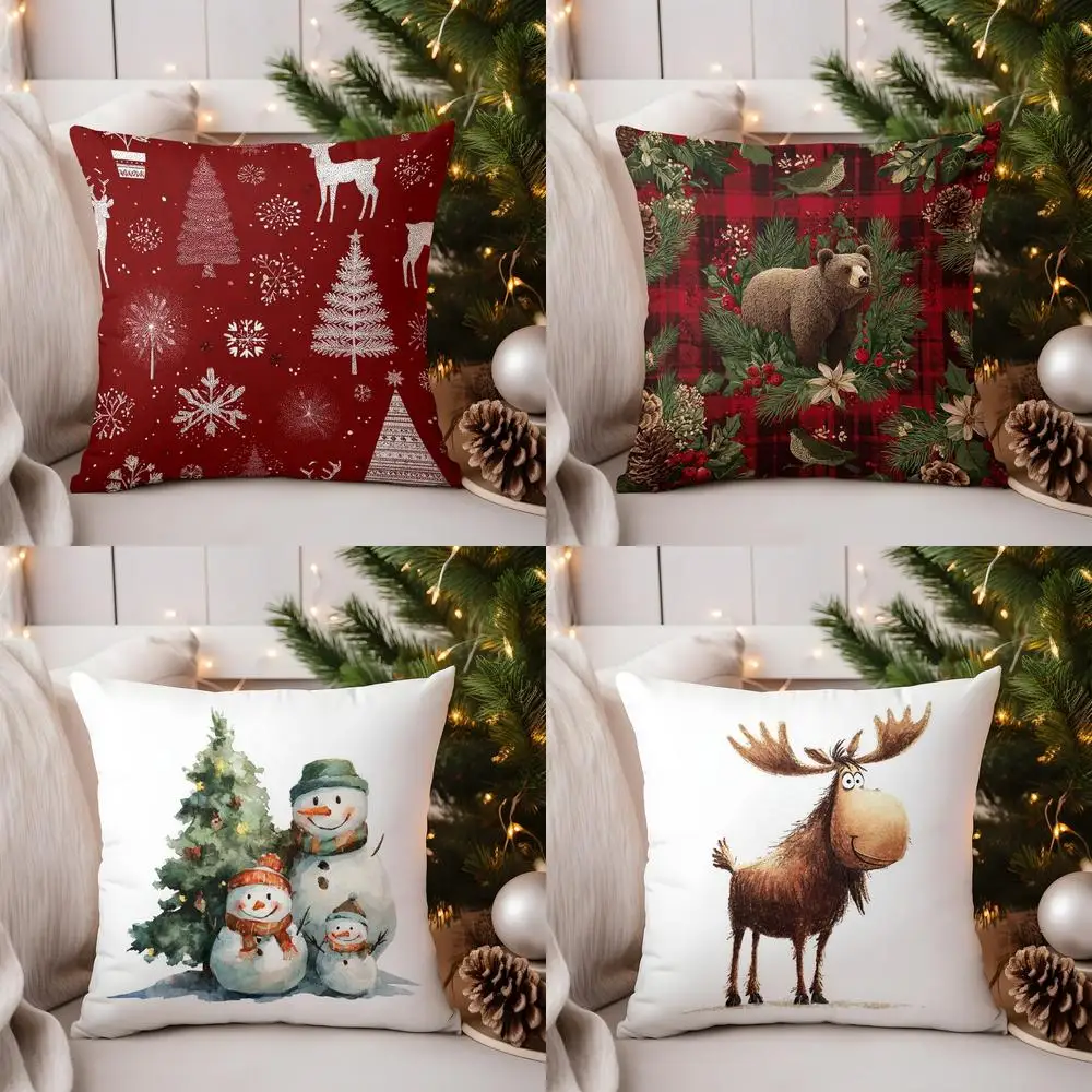 

Home Decor Christmas Red Pillow with Deer & Tree Patterns Pattern Cushion Cover Suitable for Sofa Bedroom Car Pillow Cover