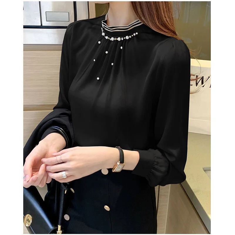 Elegant Solid Color Spliced Folds Beading Blouse Women\'s Clothing 2023 Spring New Casual Pullovers All-match Office Lady Shirt