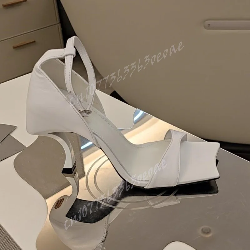 

White Square Toe Strange Style Heels Sandals Ankle Strap Open Toe Shoes for Women Cover Heels Shoes 2024 Zapatos Para Mujere