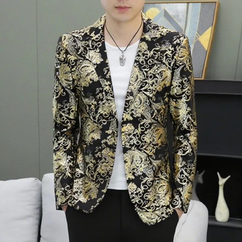 Modny męski garnitur slim fit z kwiatowym haftem, młodzieżowy, stylowy, z ukrytymi kwiatami, zachodni, długi płaszcz.