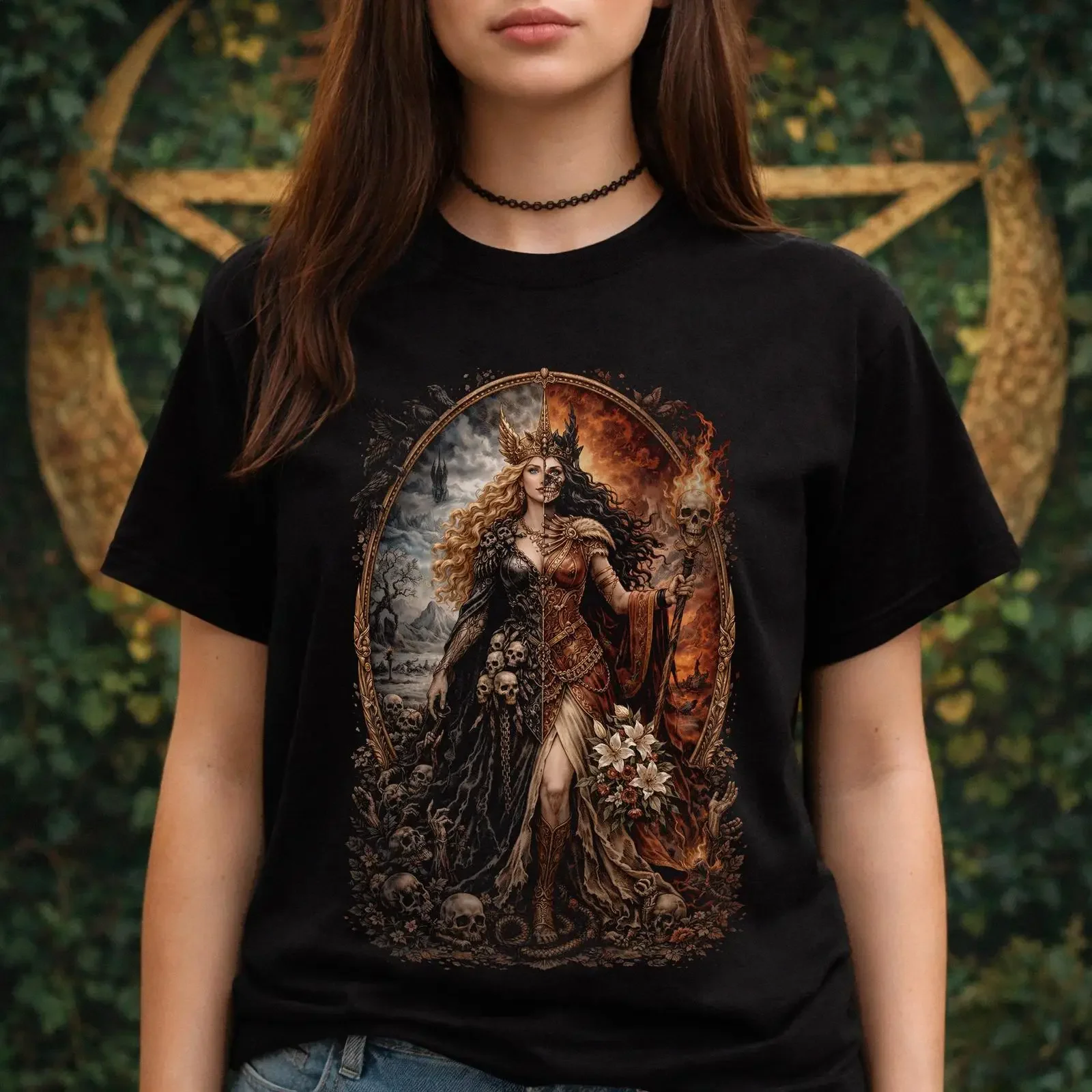 Camiseta de la Diosa Nórdica de la Muerte Hel, Mitología Oscura del Mundo Subterráneo Vikingo, Ropa Gótica para Fans, Estilo Vintage Lavado y Cómodo