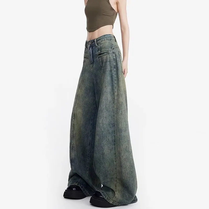 Koreanische Retro Jeans Weibliche Design Sinn Hohe Taille Gerade Bein Breite Bein Hosen Bodenlangen Hosen Baggy Jeans Y2k Jeans