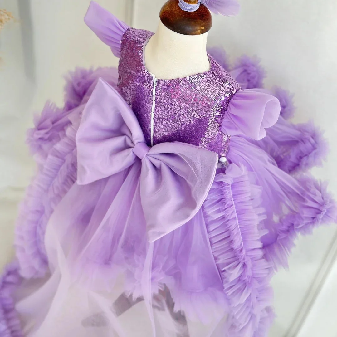 فستان فتاة الزهور مخصص أرجواني ترتر تول متدرج مع فيونكة وزائدة لحفلات الزفاف وأعياد الميلاد وحفلات التواصل المقدس #5