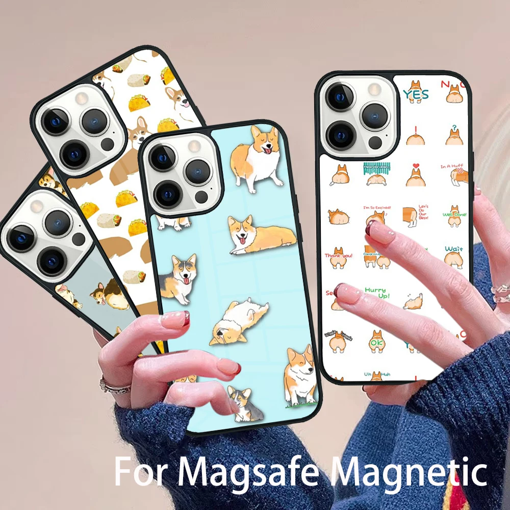 

Cute Cartoon Corgi Dog Pattern Phone Case Magesafe Magnetic Wireless Charge Cover For IPhone 16 11 12 13 14 15 Pro Max Plus Mini