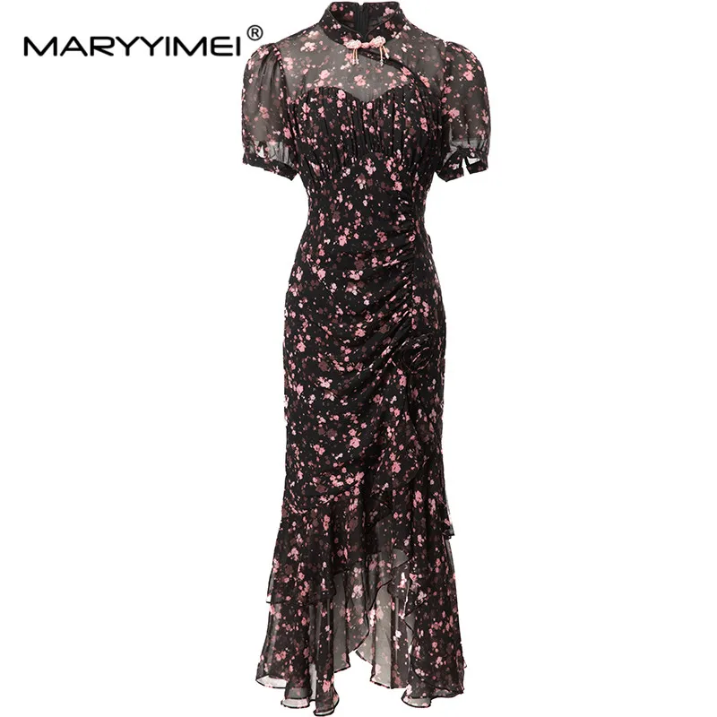 

MARYYIMEI Stand Collar Short Sleeve Appliques Beading Dress 2024 Spring Summer New Women's Commuter Asymmetrical Dresses