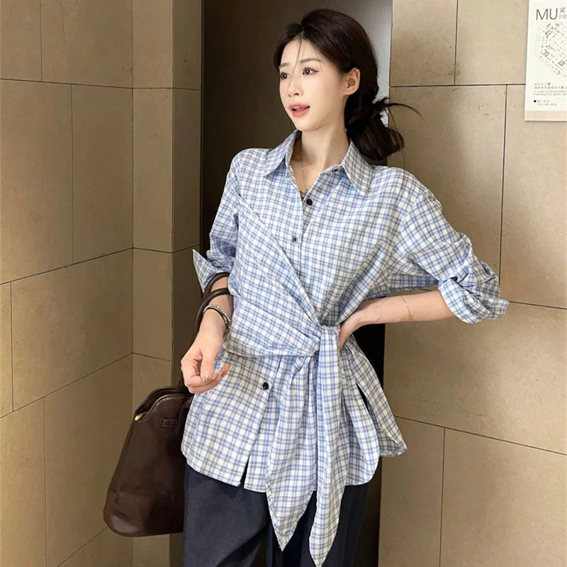 

Unique Retro Plaid Long Sleeved Shirt Spring Autumn New Casual Irregular Waistband Temperament Tops Fashion Clothes For Women