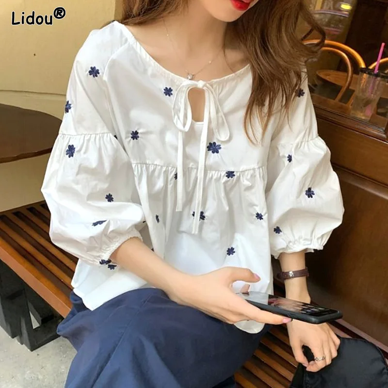 Spring Summer Thin Three Quarter Sleeve Lace-up Patchwork Solid Loose Printing Pleated Round Neck Fashion Women\'s Clothing 2022