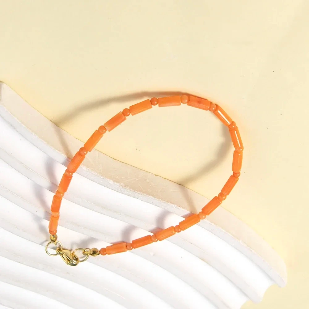 Pulsera de Coral Natural de 3x7mm, Cuentas de Coral de Color Naranja en Forma de Tubo, Cuentas de Coral Redondas con Cierres de Langosta Dorados, Regalos para Días Festivos
