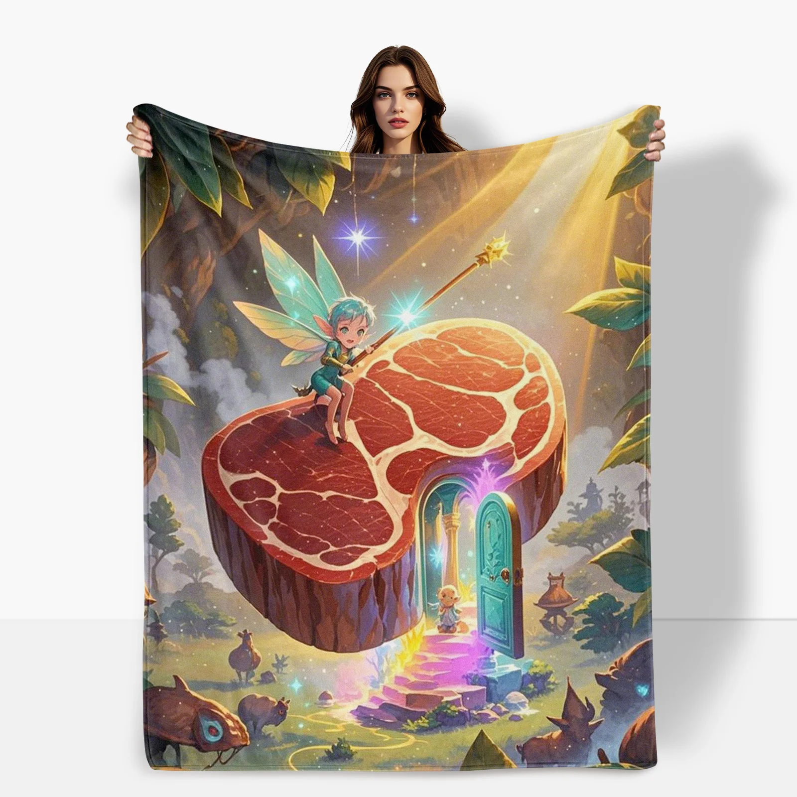 Fantasy Steak With Elf Light And Trees Design Cozy Blanket Unique Gift Idea Warm Throw Home Decor Enchanted Theme Pattern Style