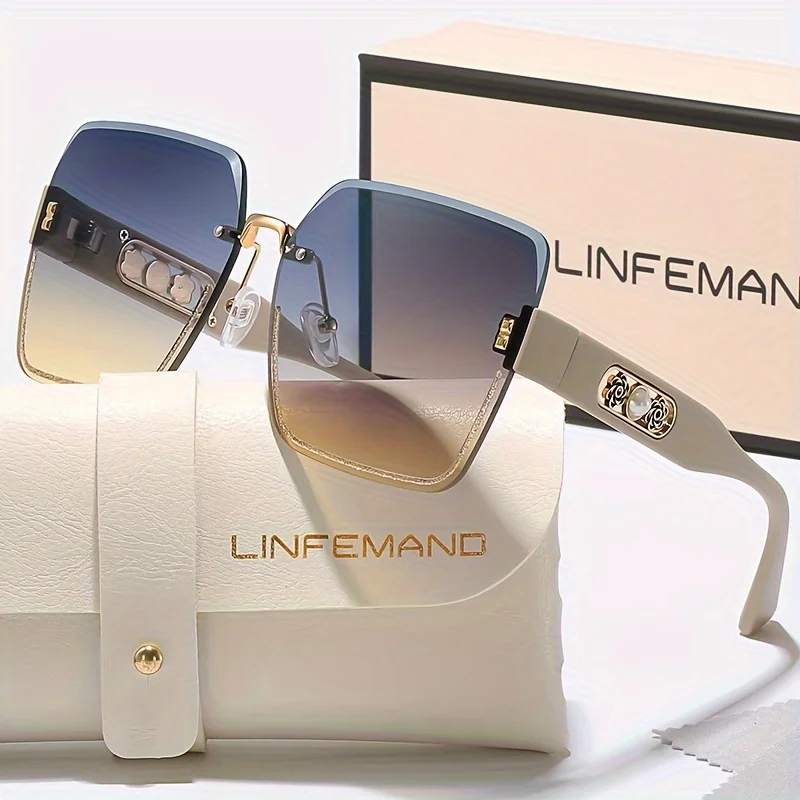 LINFEMAND Rahmenlose Mode-Sonnenbrille mit Farbverlauf, Perlen-Blumendekoration, Kunststoffrahmen mit Etui für Damen, Sommer-Festival-Geschenk – Detail 6