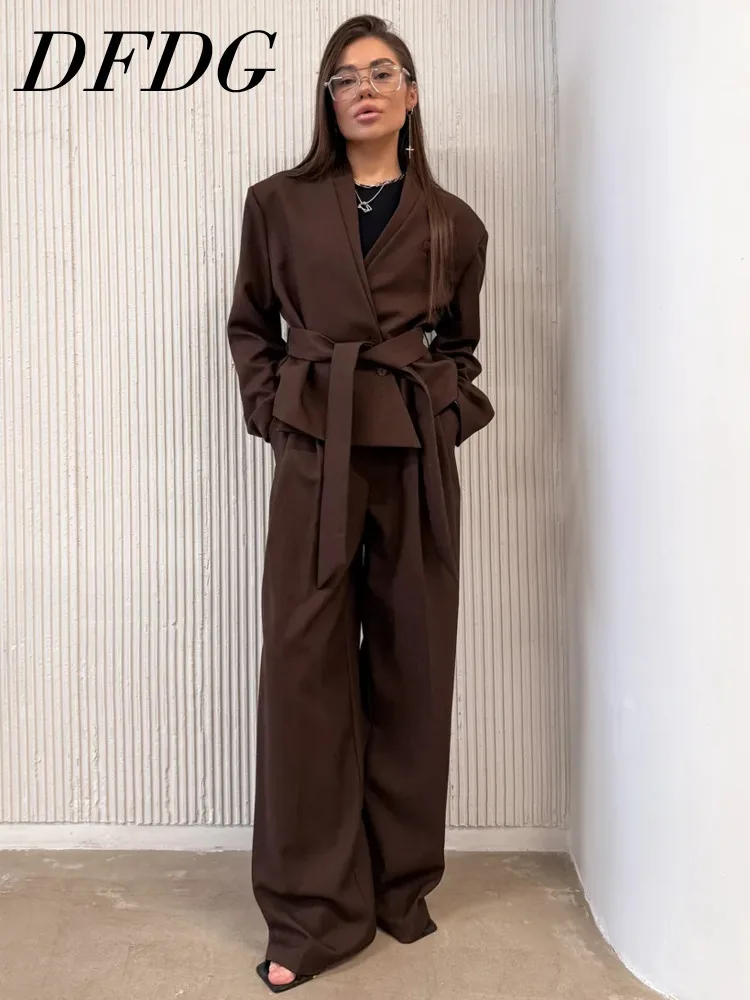 

DFDG Women's Spring Summer Lapel Oversized Belted Blazer Wide Leg Pants Set Casual Vacation 2026 Trendy Feminine Fashion Set
