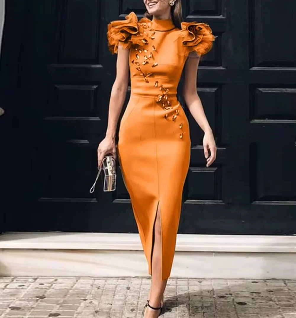 Mermaid Prom Dresses With High Neck Beads Ruffles Front Split Satin Women Formal Evening Dress Tea Length Mother Party Gowns