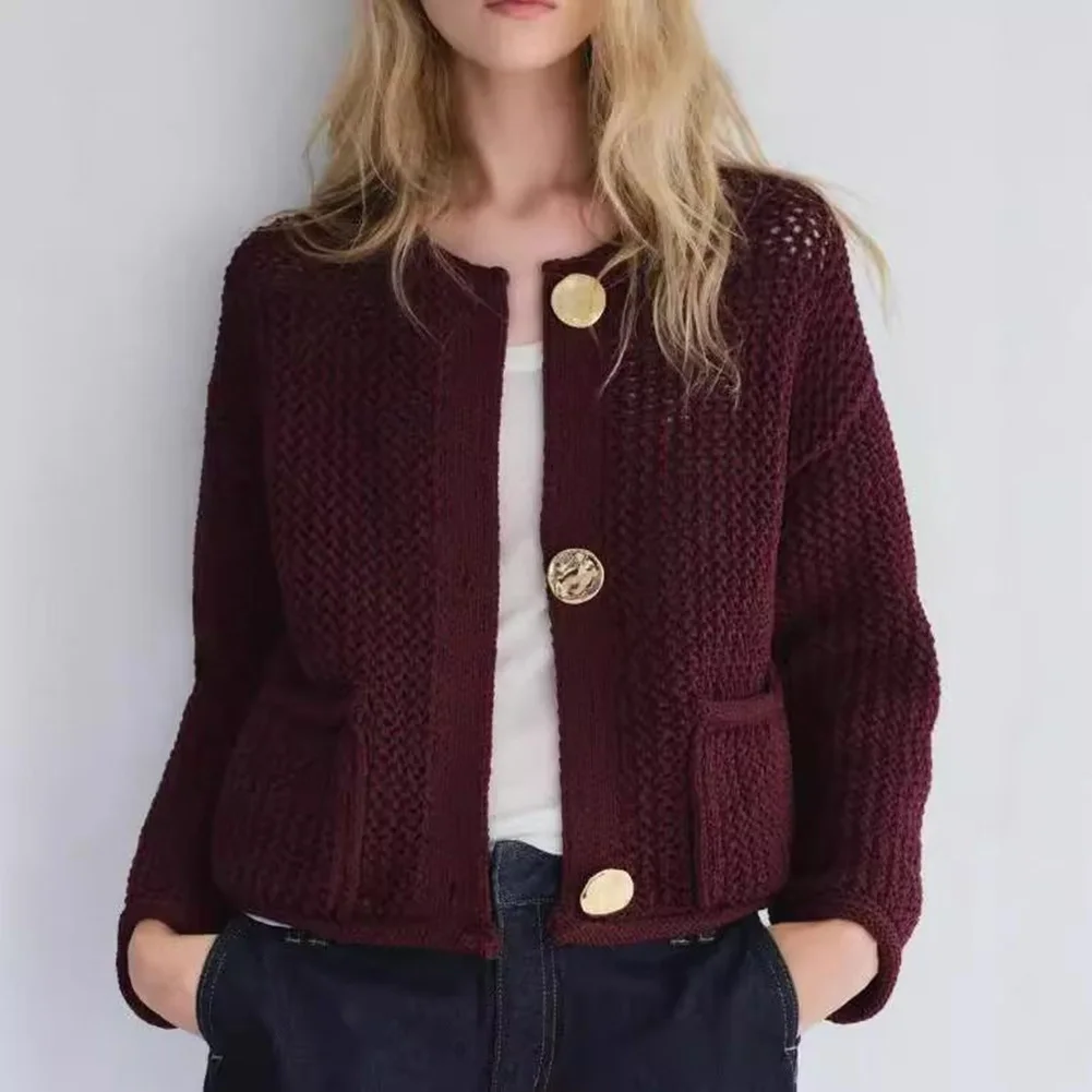 Women Autumn Pockets Metal Buttons Knit Sweaters Fashion Retro Elegant Cardigans