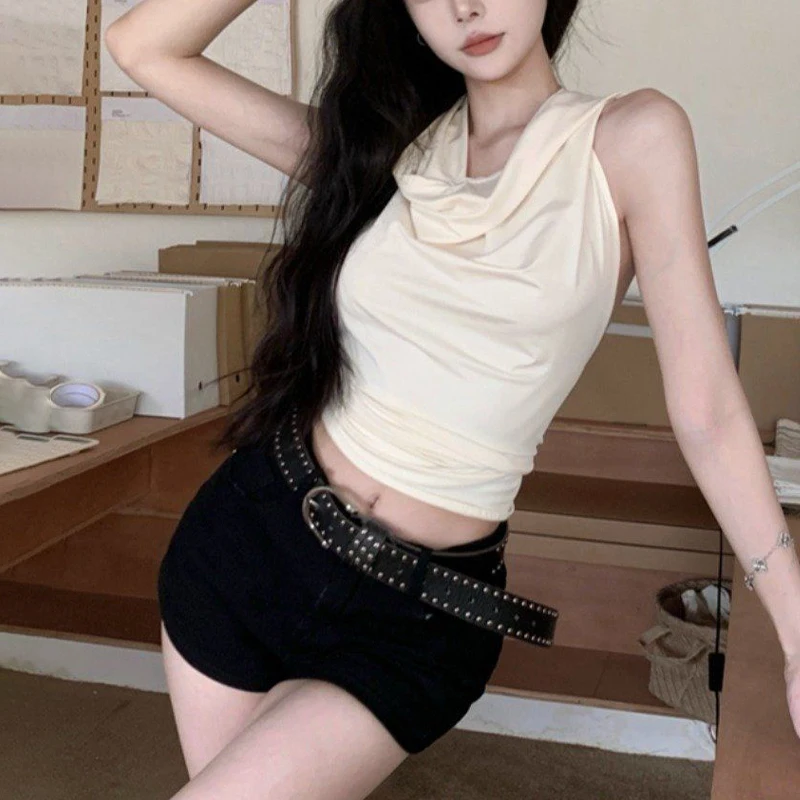 Gilet lavorato a maglia senza schienale con cappuccio girocollo casual moda estiva per donna