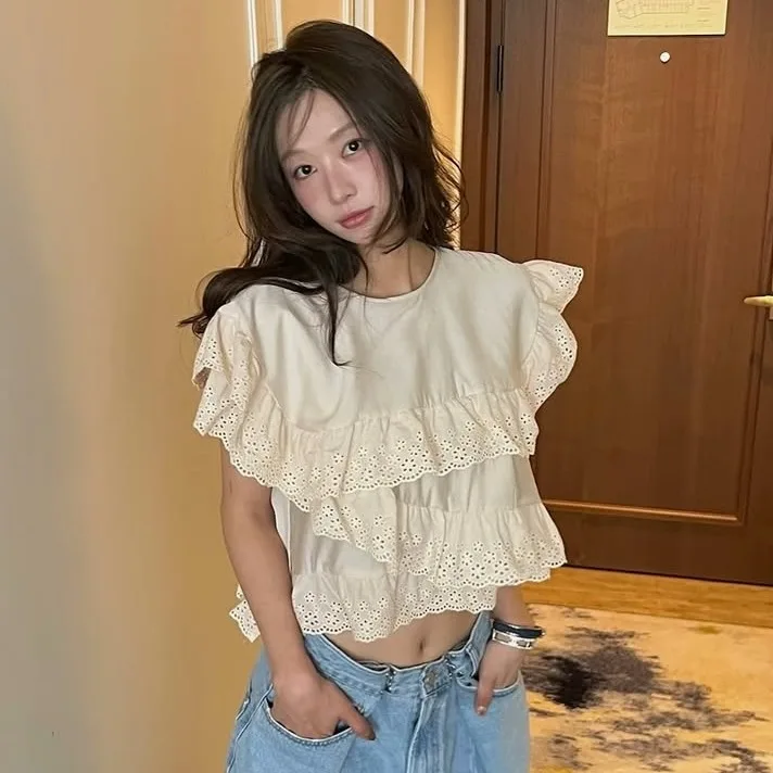 

Nimo Home Three-Color Layered Ruffle Splice round Neck Back-Tie Top Women's Casual Shirt Cotton Gauze Short Sleeve Summer